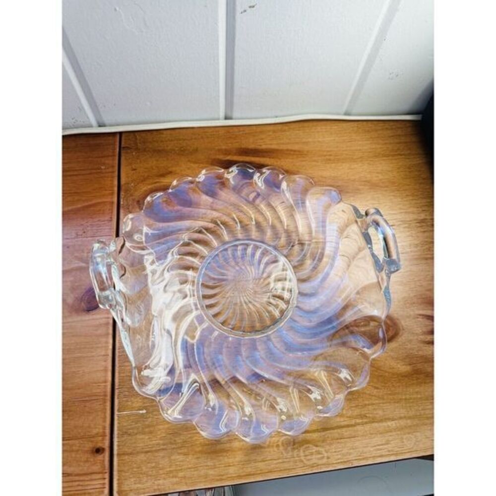 VTG Serving Platter Fostoria‎ Colony Handles Clear Glass Swirl Wave Pattern